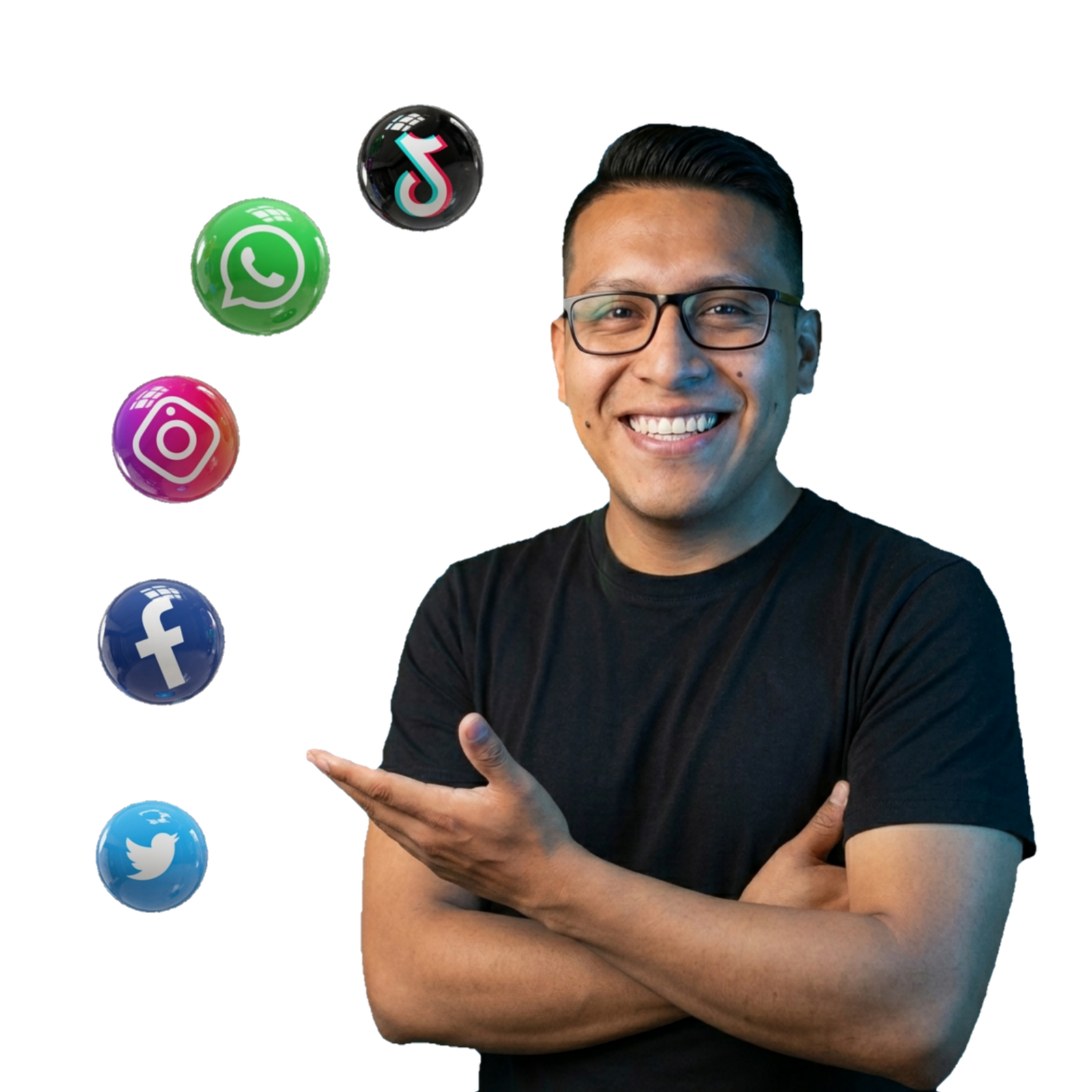 Un hombre sonriente con gafas y camiseta negra posa de medio cuerpo con los brazos cruzados. Con su mano derecha abierta, hace un gesto de presentación hacia su lado derecho, donde flotan en arco cinco esferas en 3D brillantes que contienen logotipos de redes sociales.