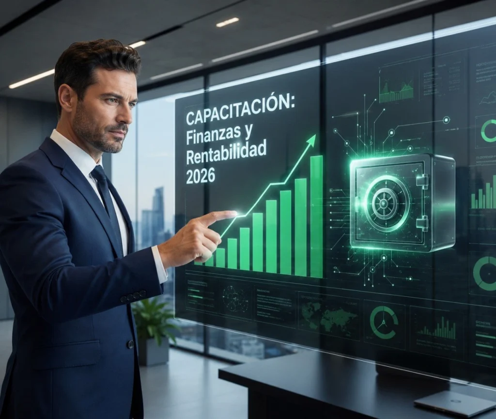 Empresario señalando un gráfico de barras ascendente en una pantalla digital interactiva de capacitación en finanzas y rentabilidad.