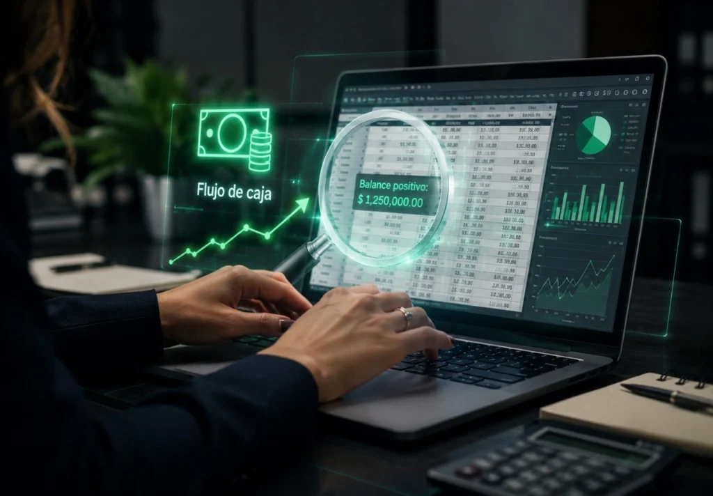 Persona analizando un reporte de flujo de caja y balance financiero positivo en una laptop con gráficos digitales interactivos.