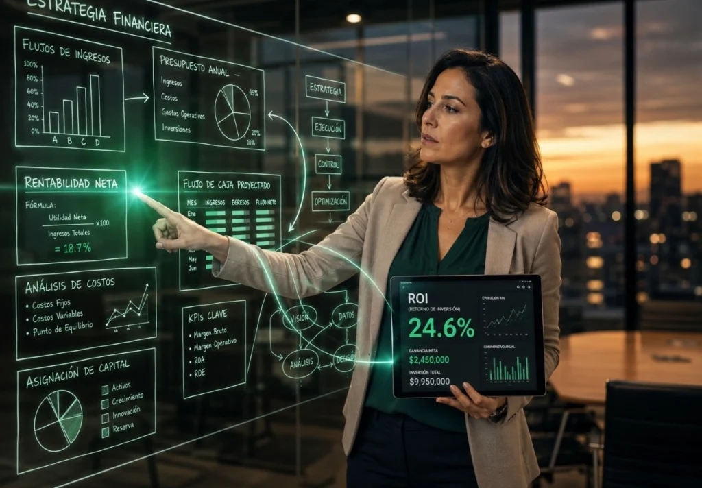 Mujer de negocios analizando la rentabilidad neta y el ROI en una pantalla digital interactiva de estrategia financiera.