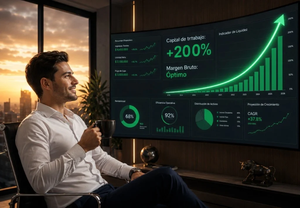 Emprendedor analizando un panel de gráficos de crecimiento de ventas con inteligencia artificial.