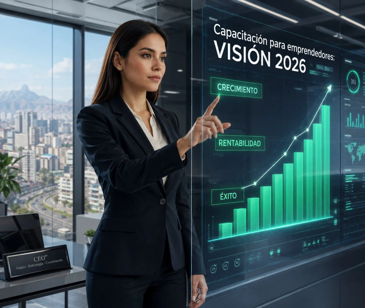 Mujer empresaria interactuando con una pantalla digital interactiva sobre capacitación para emprendedores enfocado en crecimiento y rentabilidad empresarial.