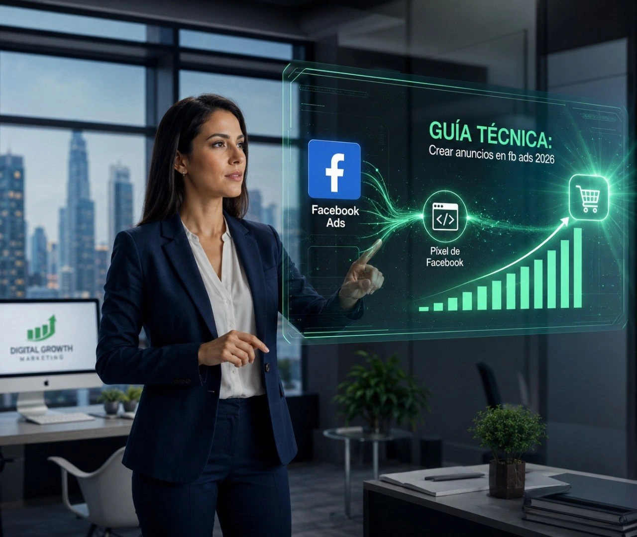 Mujer profesional gestionando campañas de publicidad en Facebook con inteligencia artificial.