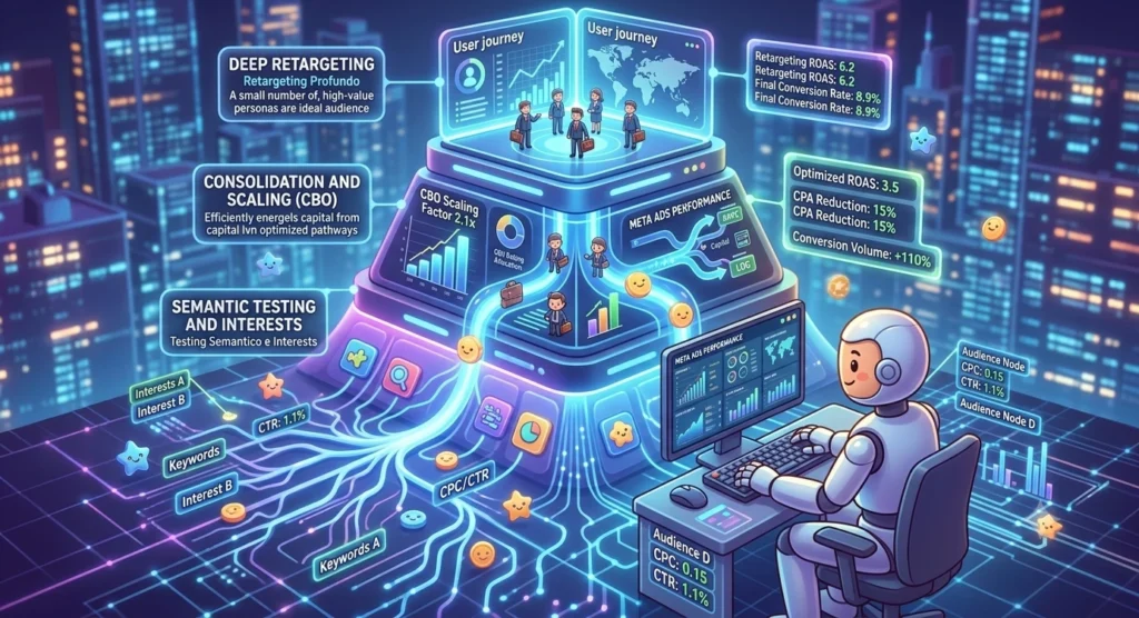 Ilustración 3D animada de un emprendedor junto a un robot asistente revisando métricas de Meta Ads.