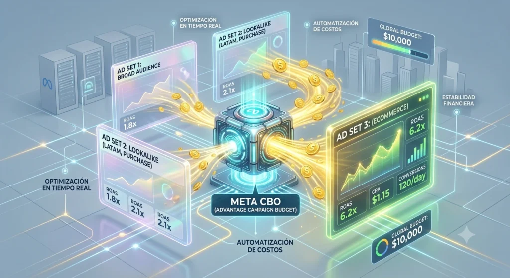Infografía conceptual en 3D de un embudo de conversión publicitaria y matriz de operaciones.