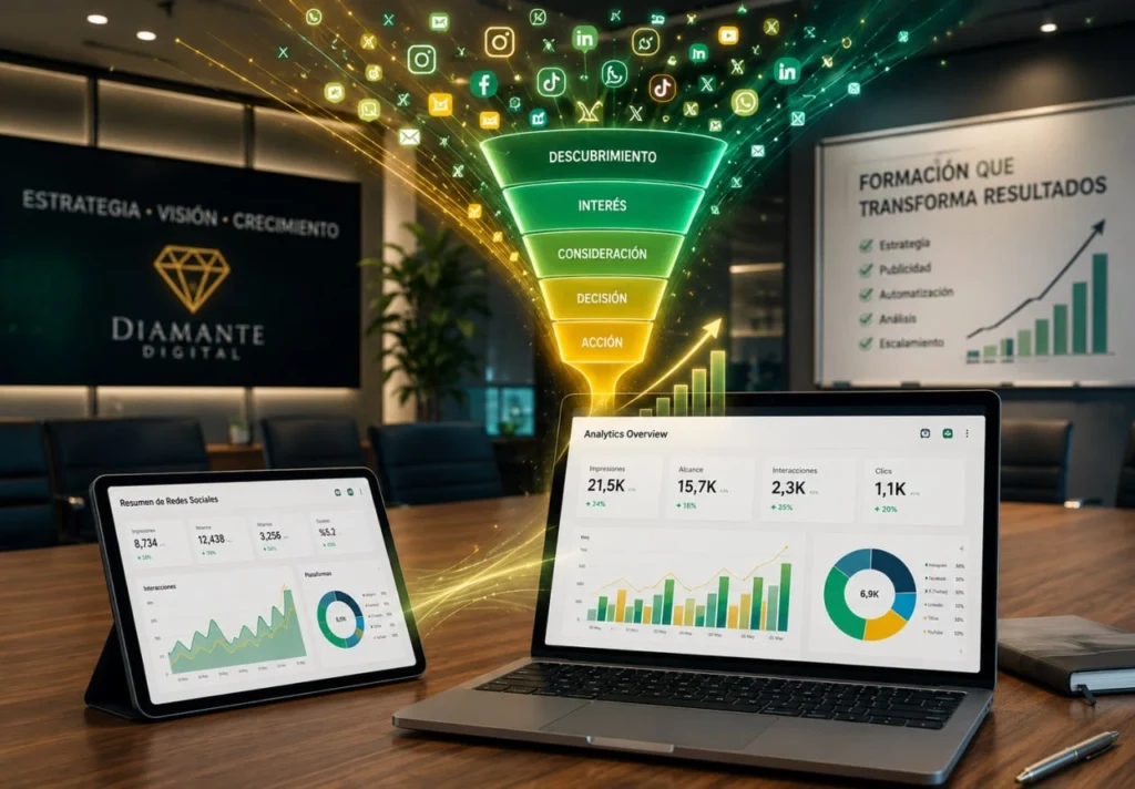 Especialista en marketing online revisando un holograma interactivo de flujos de trabajo y métricas en una sala de juntas.