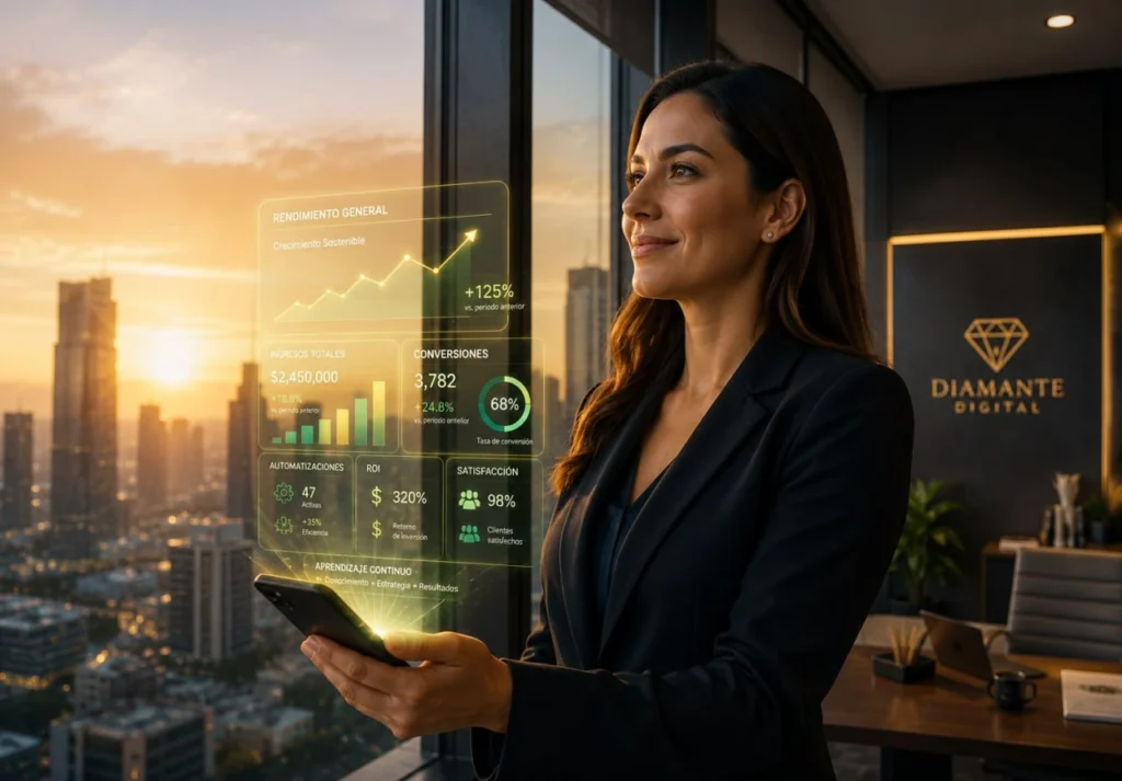 Empresaria observando indicadores clave de rendimiento, ventas y ROI desde su smartphone gracias a la automatización en redes sociales.