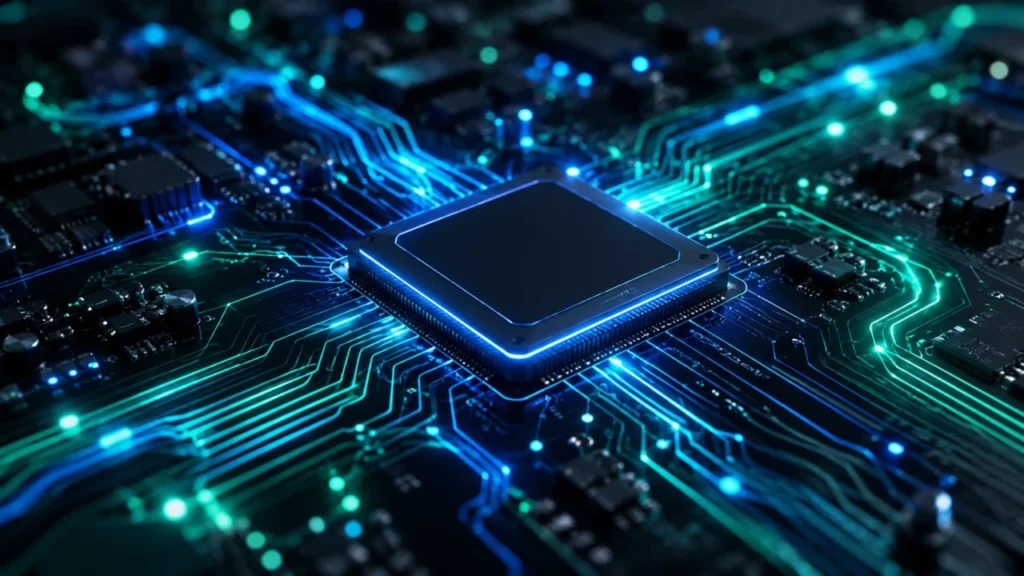 Red de circuitos integrados que representa la precisión técnica y la medición de resultados en plataformas publicitarias