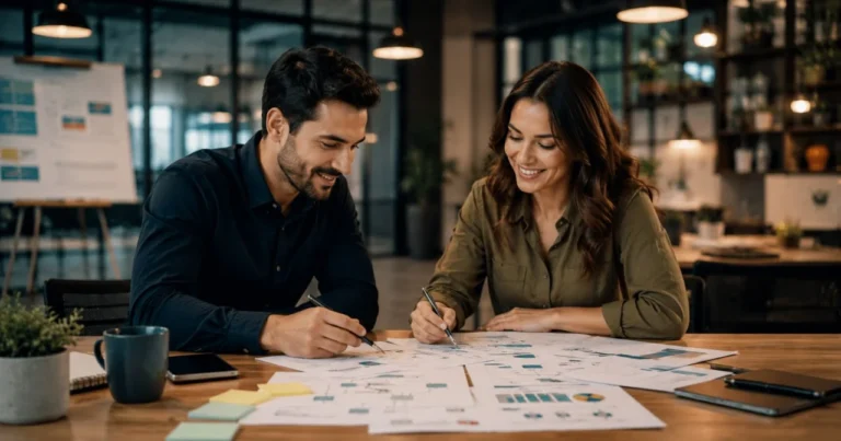 Profesionales analizando dinámicas de liderazgo, gestión de negocios e innovación en equipo.