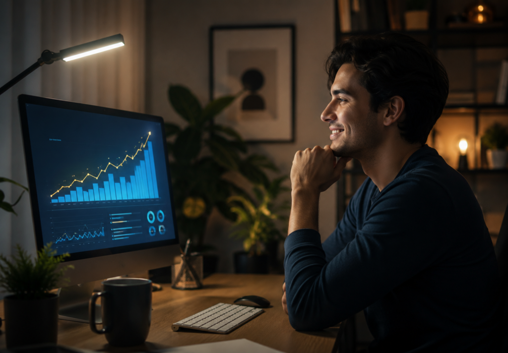 Joven emprendedor sonriendo frente a un monitor con gráficos estables de rendimiento y optimización de anuncios digitales.