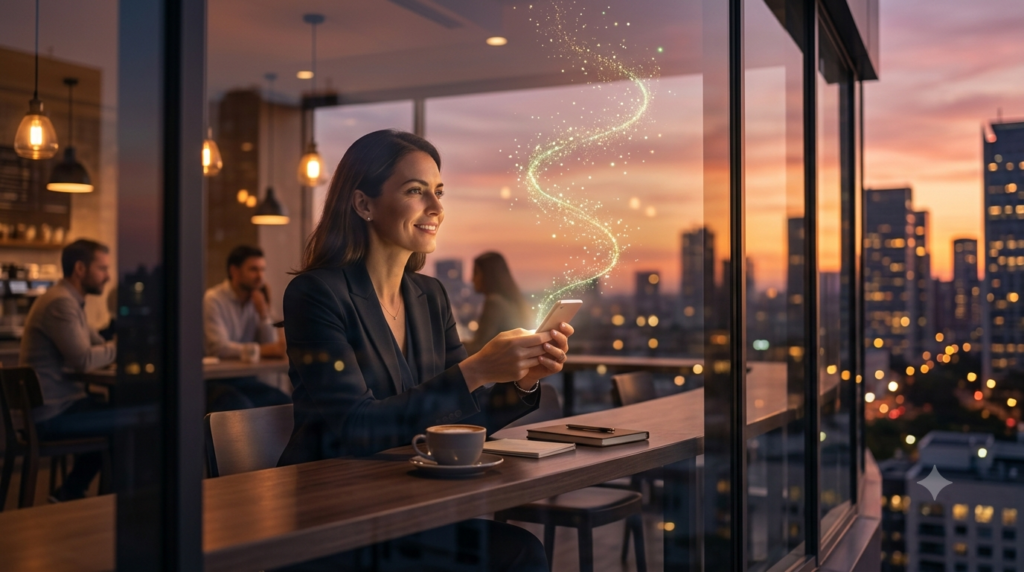 Empresaria visionaria proyectando el alcance y la expansión de sus anuncios y la capacitación para emprendedores.
