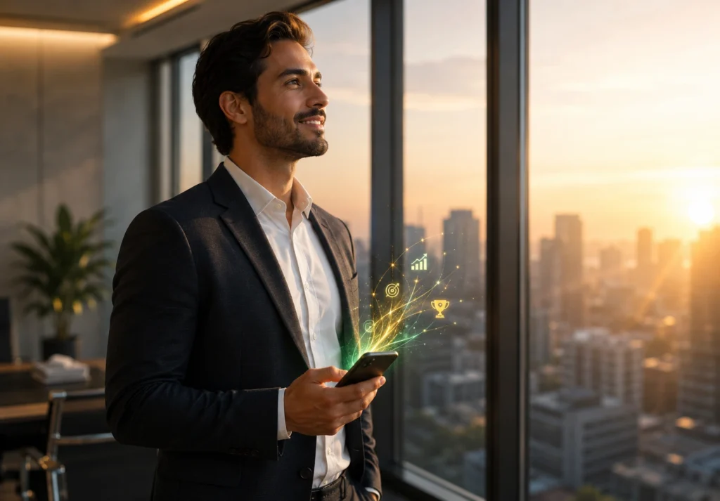 Empresario sonriente en una oficina mirando el amanecer con su teléfono móvil, transmitiendo control comercial y éxito financiero.