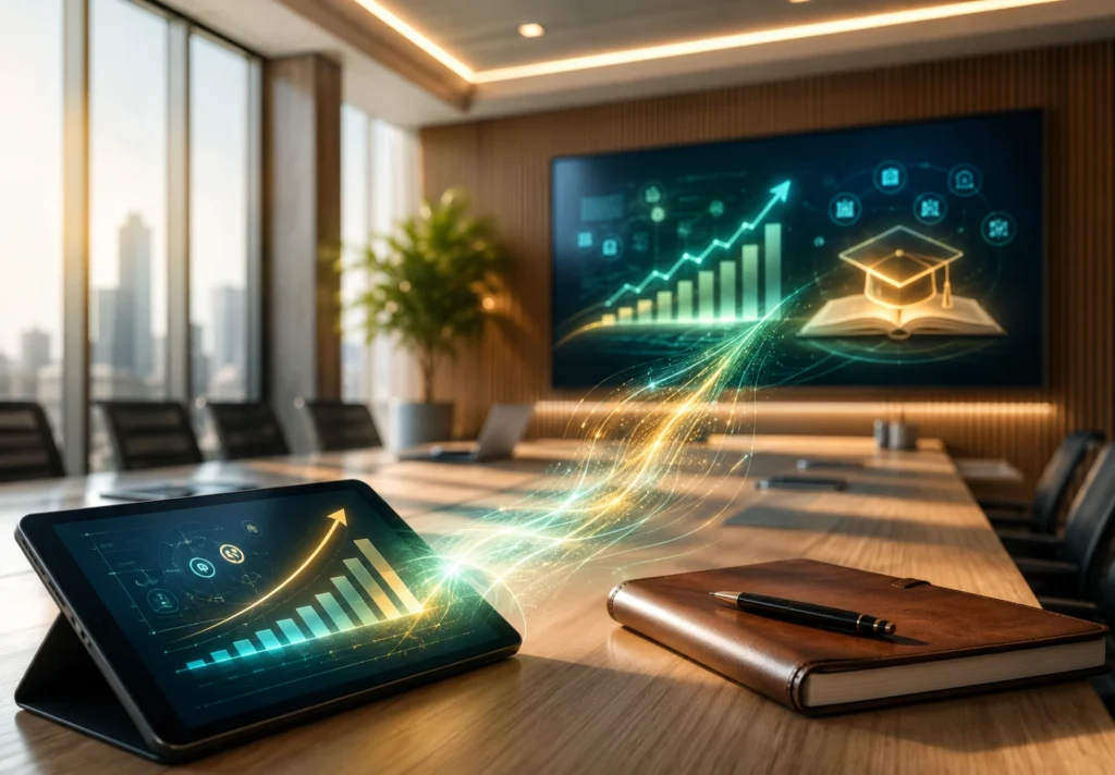 Sala de juntas moderna con una laptop y una tableta que muestran gráficos de crecimiento empresarial y capacitación experta para emprendedores.