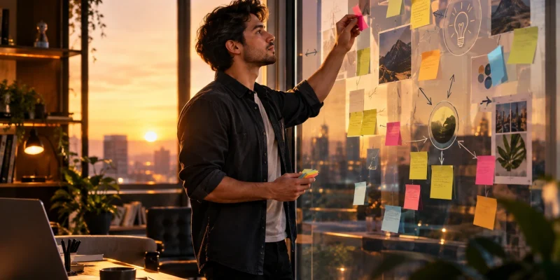 Persona estructurando ideas de proyecto tras realizar cursos para emprender un negocio.