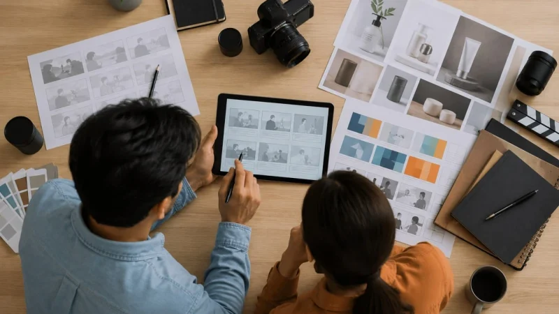 Equipo de marketing trabajando en creativos dinámicos y formatos publicitarios para Meta Ads.