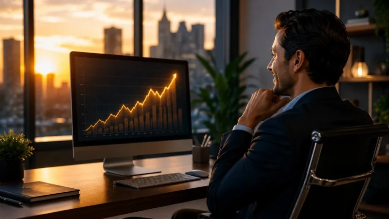 Emprendedor celebrando el éxito y la escalabilidad de su empresa en marketing digital