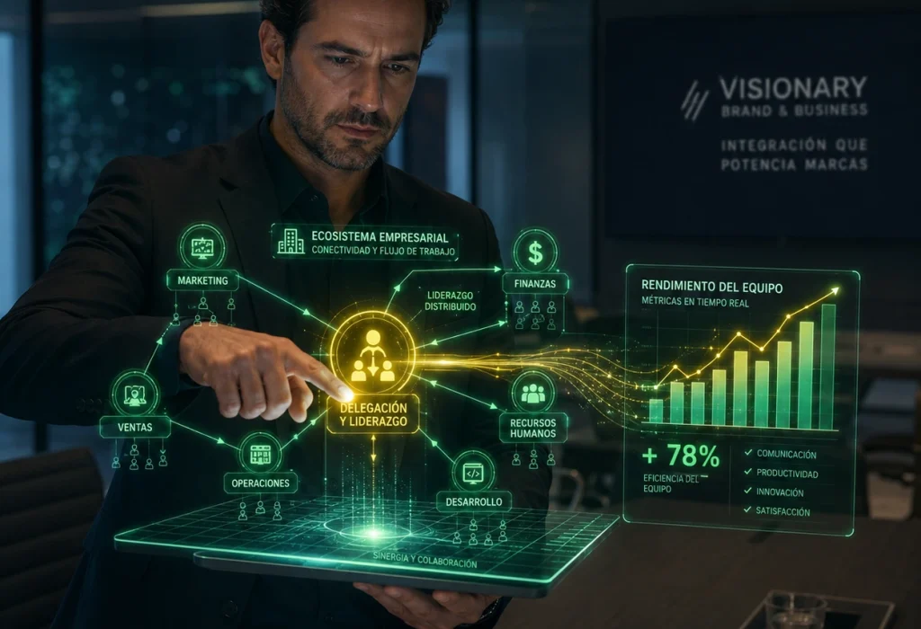 Emprendedor interactuando con ecosistema empresarial holográfico y métricas de rendimiento del equipo
