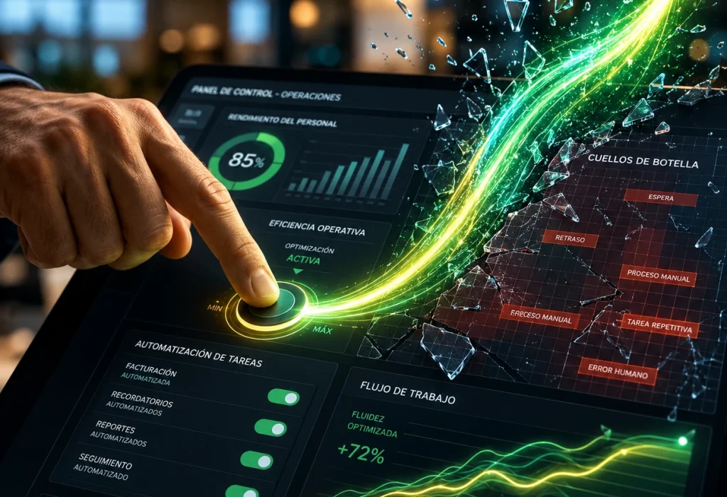 Primer plano de mano ajustando un panel digital táctil de automatización de procesos y rendimiento de personal
