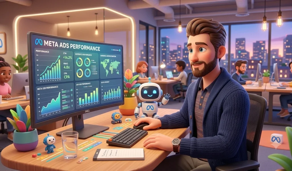 Emprendedor analizando métricas de rendimiento y segmentación de audiencias en un panel de Meta Ads.