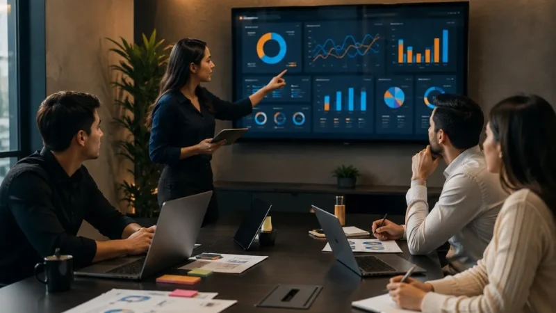 Equipo analizando métricas de rendimiento y optimización de campañas publicitarias