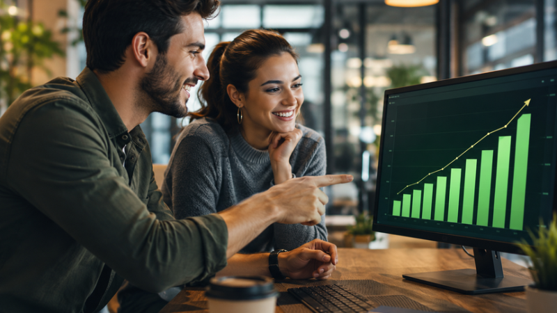 Dos jóvenes emprendedores sonriendo en un coworking mientras analizan una pantalla de computadora con un gráfico de barras verde brillante en tendencia ascendente.