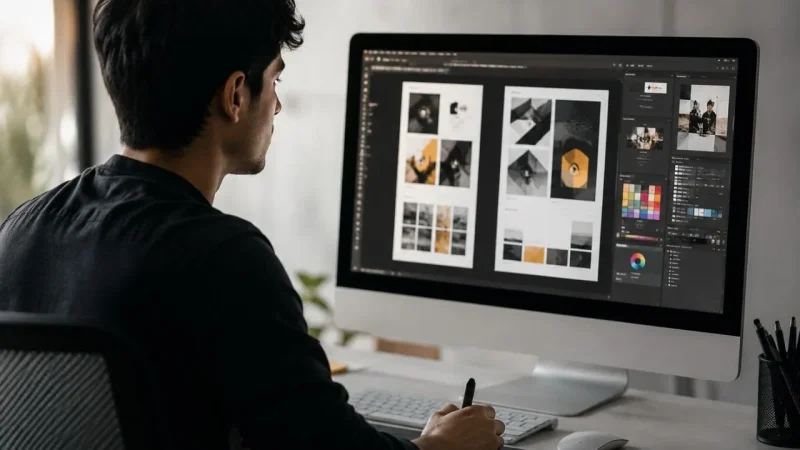 Diseñador preparando creatividades y copies para campañas publicitarias