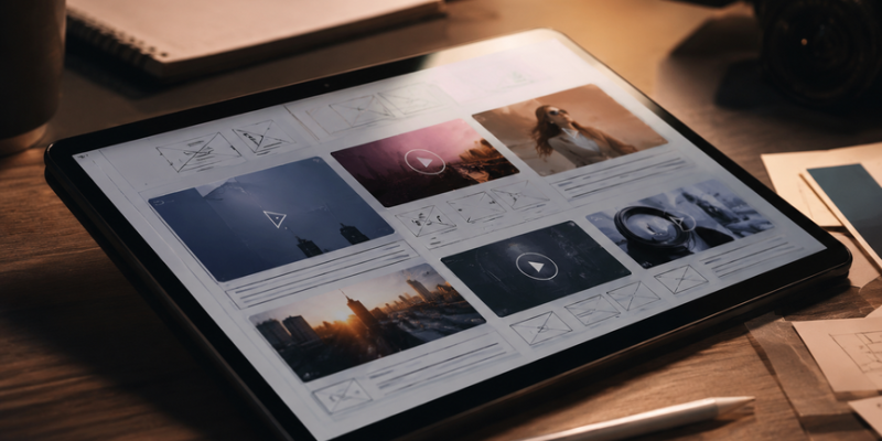 Una tableta digital sobre un escritorio mostrando bocetos para crear anuncios en fb ads con iluminación suave