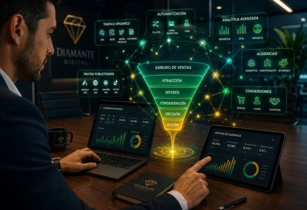 Capacitación para emprendedores en una oficina moderna analizando gráficos de rendimiento y embudos de conversión en redes sociales.