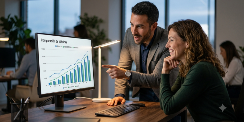 Emprendedores analizando métricas de crecimiento positivo gracias al uso correcto de la capacitacion para emprendedores.
