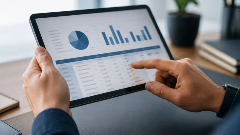 Análisis de datos de conversión y presupuesto publicitario en pantalla digital.