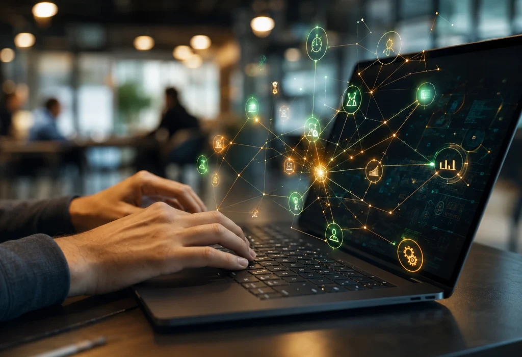 Manos de un emprendedor usando una laptop en un coworking con una interfaz holográfica que conecta flujos de trabajo eficientes.