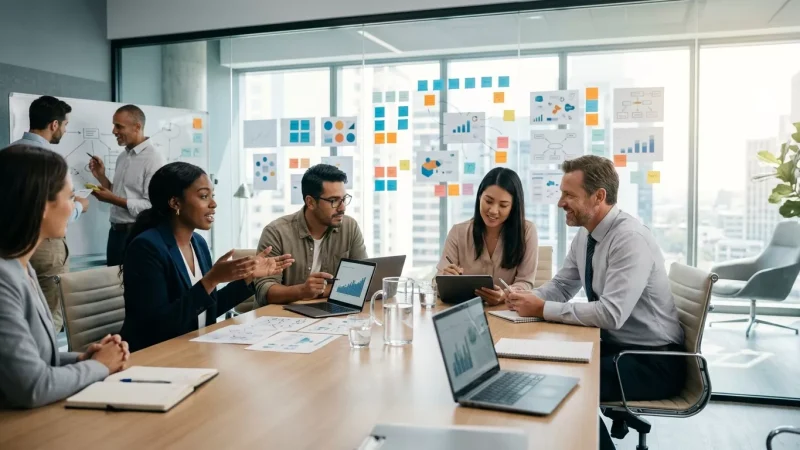 Equipo realizando dinámicas de innovación y capacitación para emprendedores en un taller interactivo.